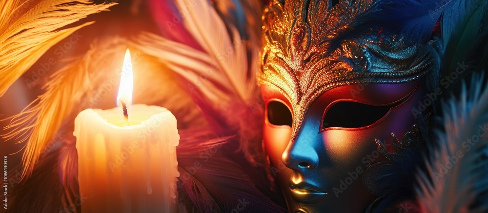 Fototapeta premium Venetian carnival mask adorned with feathers and illuminated by candlelight creating a vibrant and enchanting festive atmosphere