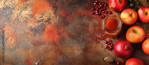 Rosh Hashanah holiday composition with honey jar apples and pomegranates on rustic backdrop overhead view with empty space for text photo