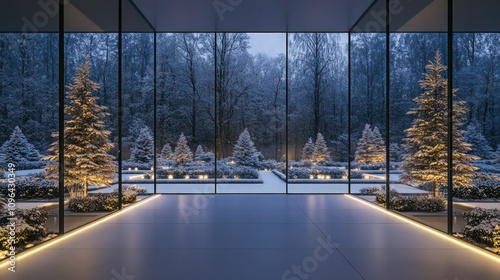 A minimalistic winter garden design with sleek glass walls, softly illuminated by floor lights, showcasing tall winter trees and carefully arranged plant beds, a winter wonderland seen from inside.