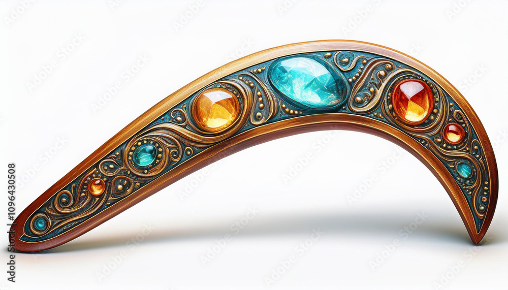 Luxurious boomerang adorned with intricate metallic engravings and colorful gemstones, set against a dramatic light background. Perfect for fantasy, decorative art, or cultural themes. Luxurious boomerang adorned with intricate metallic engravings and colorful gemstones, set against a dramatic light background. Perfect for fantasy, decorative art, or cultural themes.