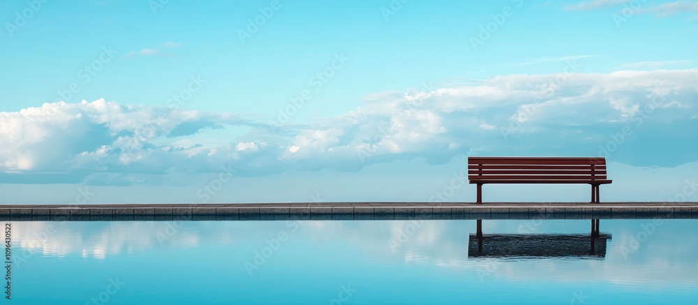 Serene bench by tranquil pool reflecting a clear blue sky with fluffy clouds in a peaceful outdoor setting. Serene bench by tranquil pool reflecting a clear blue sky with fluffy clouds in a peaceful outdoor setting.