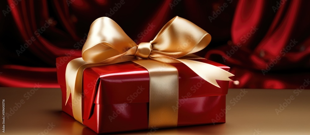 Elegant red gift box with a luxurious gold satin ribbon displayed on a rich background perfect for holiday celebrations and special occasions. Elegant red gift box with a luxurious gold satin ribbon displayed on a rich background perfect for holiday celebrations and special occasions.