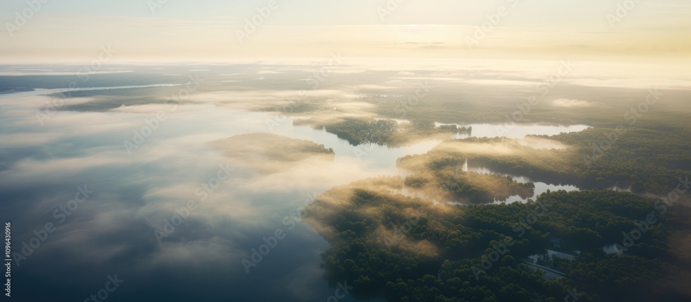 Fototapeta premium Aerial view of serene morning mist over tranquil lakes and lush landscapes in soft natural light