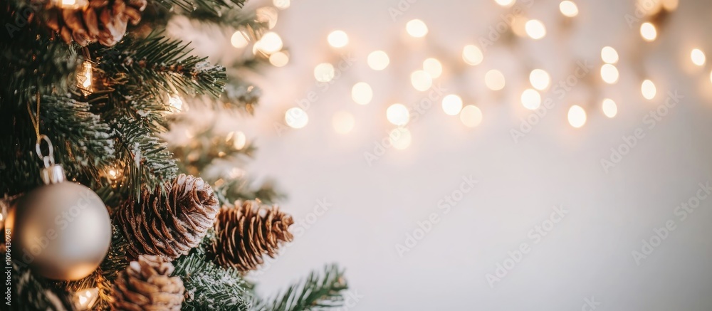 Festive Christmas backdrop showcasing decorative tree elements with glowing lights and ample space for personalized text or messages Festive Christmas backdrop showcasing decorative tree elements with glowing lights and ample space for personalized text or messages