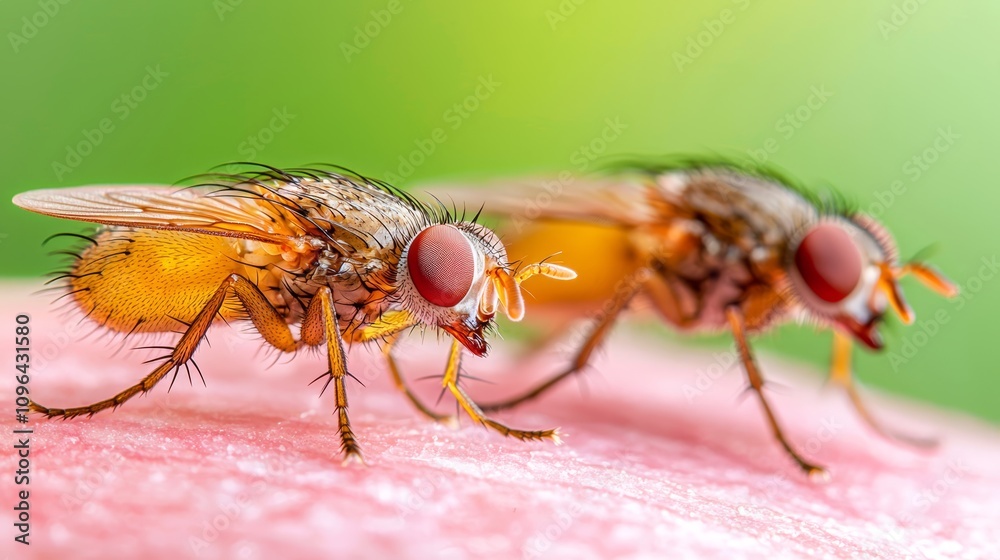 two fruit flies on a pink surface with a green background The background is slightly blurred, giving the image a dreamy feel two fruit flies on a pink surface with a green background The background is slightly blurred, giving the image a dreamy feel