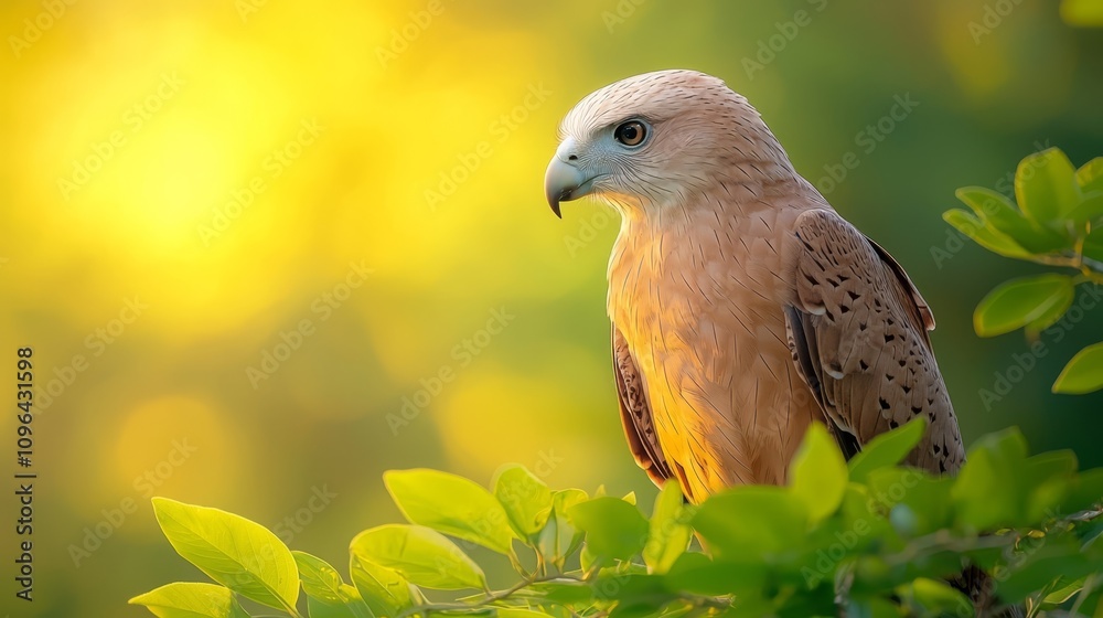 a bird of prey perched atop a tree branch, surrounded by lush green leaves The background is slightly blurred, giving the bird a sense of focus and prominence a bird of prey perched atop a tree branch, surrounded by lush green leaves The background is slightly blurred, giving the bird a sense of focus and prominence