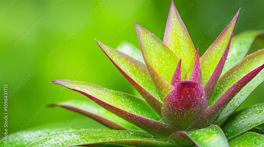 a close up of a bromeliad plant with water droplets on it, its vibrant green leaves standing out against a blurred background a close up of a bromeliad plant with water droplets on it, its vibrant green leaves standing out against a blurred background