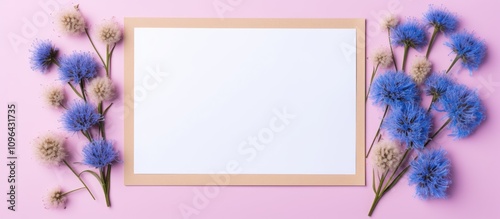 Floral mockup template on blank paper with cornflowers arranged around a minimalistic frame against a pink background for creative designs photo