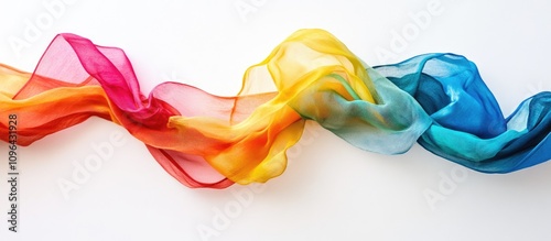 Colorful flowing fabric ribbon draped elegantly on a white background showcasing vibrant hues of pink orange yellow and blue photo