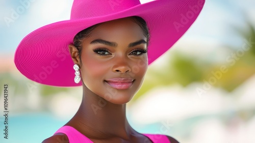  a woman in a pink dress and hat smiling at the camera, with a blurred background She is wearing one of the best summer hats for black women