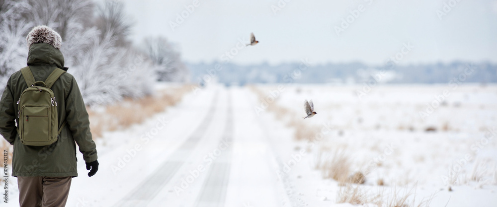 Person observing birds on snowy path for Bird Day Person observing birds on snowy path for Bird Day
