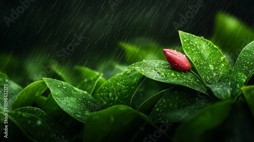  a red flower with water droplets on it, surrounded by lush green leaves, with raindrops falling in the background