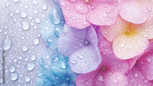  a vibrant array of pink and blue hydrangea flowers with water droplets glistening on their petals, creating a beautiful and eye-catching wallpaper