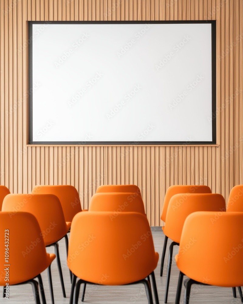 A modern classroom features rows of orange chairs facing a blank white screen against a wooden wall, ideal for presentations or lectures. A modern classroom features rows of orange chairs facing a blank white screen against a wooden wall, ideal for presentations or lectures.