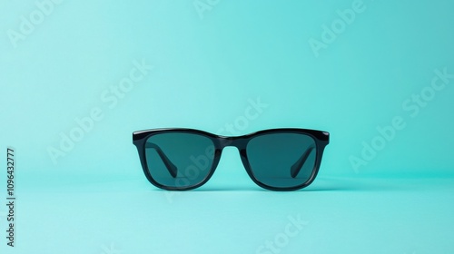 Anti tracking protection concepts. A stylish pair of black sunglasses on a vibrant teal background, showcasing modern design and sun protection. photo