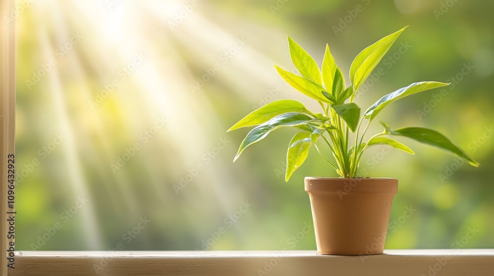 a potted plant sitting on top of a wooden window sill, with a blurred background The plant is likely being used as a home remedy for stress, as it is a small, gree a potted plant sitting on top of a wooden window sill, with a blurred background The plant is likely being used as a home remedy for stress, as it is a small, gree