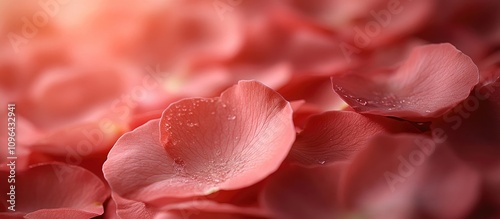 Close-up of delicate pink rose petals with soft lighting and subtle droplets, creating a romantic and serene floral background.