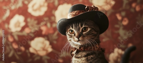 Stylish young cat in a vintage hat with floral backdrop showcasing elegance and charm in a playful portrait photograph photo