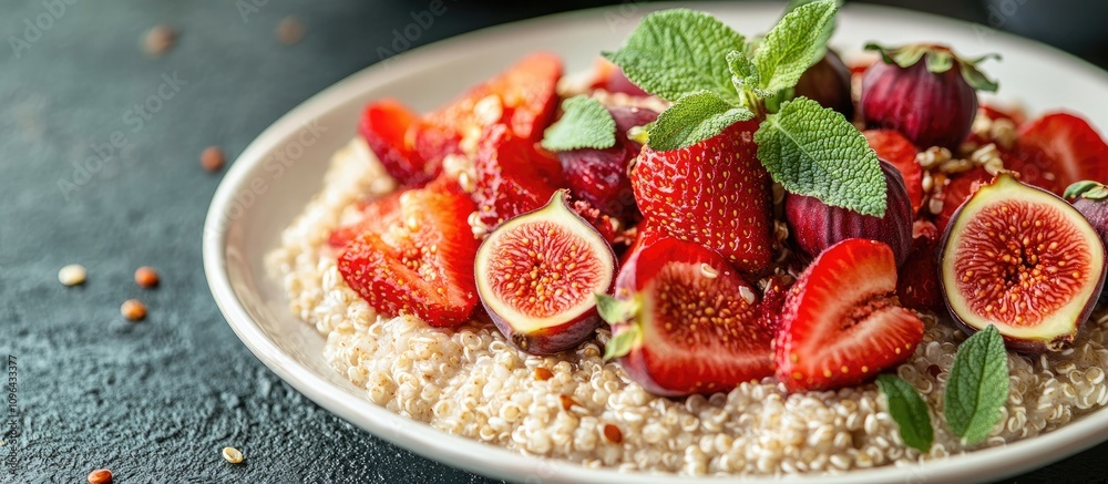 Quinoa breakfast porridge topped with fresh strawberries and figs Healthy and nutritious meal concept for a balanced diet Quinoa breakfast porridge topped with fresh strawberries and figs Healthy and nutritious meal concept for a balanced diet