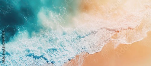 Ocean waves gently crash on sandy beach under bright sun showcasing vibrant blue water and colorful summer scenery for vacation theme.