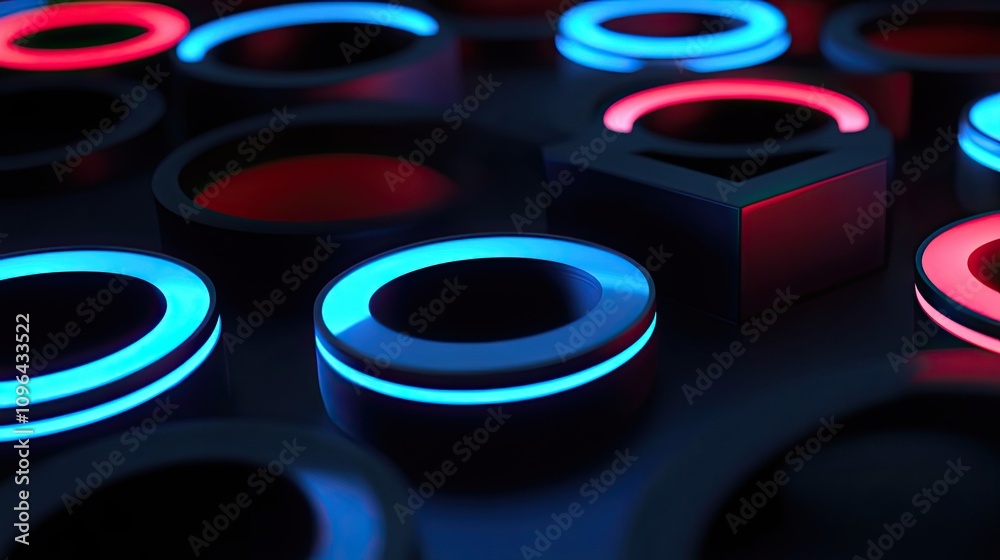 Abstract Composition with Glowing Rings and a Cube