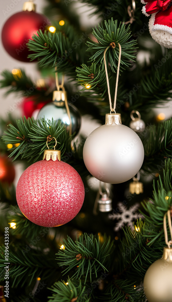 Fototapeta premium Golden Christmas ball ornaments hanging from a lush green fir tree branch for a festive winter celebration