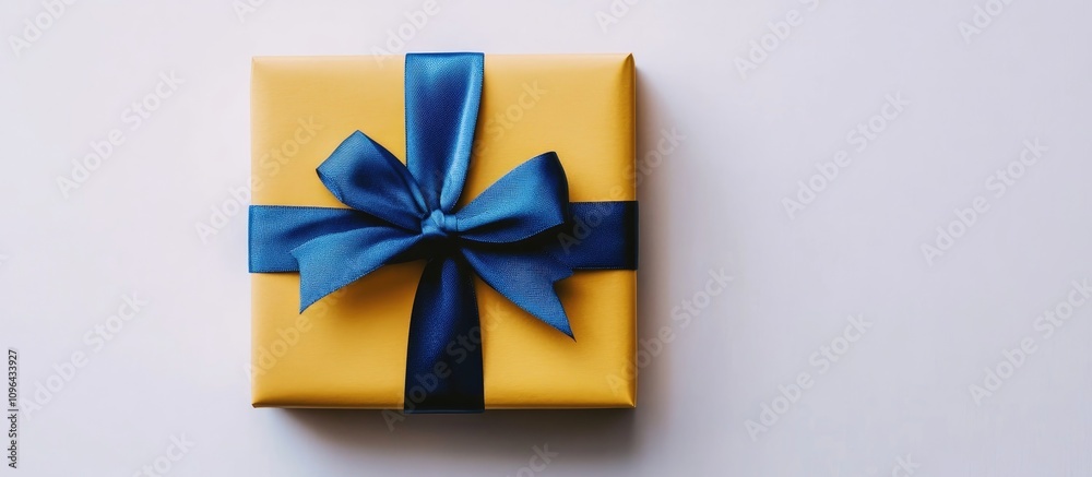 Yellow gift box with blue ribbon elegantly arranged on a minimalist white background for celebration and gifting concepts