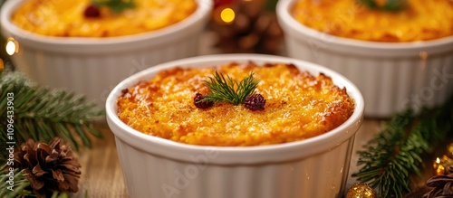 Vegetable casserole with coconut milk cinnamon and oatmeal served in white ramekins festive Christmas holiday setting photo