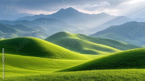  a lush green field with mountains in the background The sky is filled with white, fluffy clouds and the sun is shining brightly The grass is a vibrant green and t