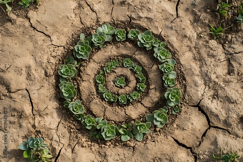 Aerial view of concentric circles of succulents planted in cracked, dry earth. photo