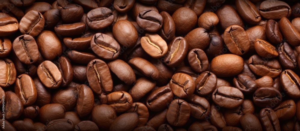 Fototapeta premium Richly roasted coffee beans background for beverage advertisements or coffee-themed designs showcasing texture and natural tones.
