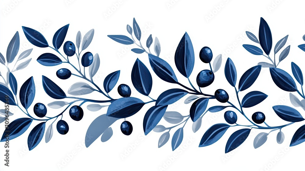Fototapeta premium Blue and Gray Olive Branch with Berries and Leaves