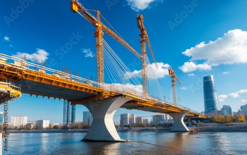 Majestic Bridge Under Construction in a Vibrant Cityscape photo