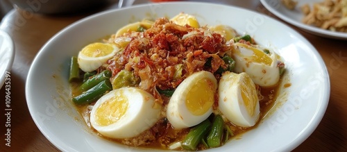 Lontong sayur traditional Indonesian dish with eggs and vegetables served in a flavorful sauce perfect for breakfast