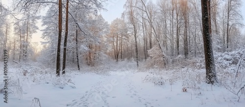 Serene winter landscape showcasing fresh snowfall blanketing a tranquil forest path surrounded by frosty trees and soft morning light photo