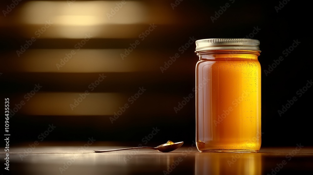 a glass jar filled with honey sitting on top of a table, with a spoon beside it The background is slightly blurred, giving the focus to the jar and spoon a glass jar filled with honey sitting on top of a table, with a spoon beside it The background is slightly blurred, giving the focus to the jar and spoon