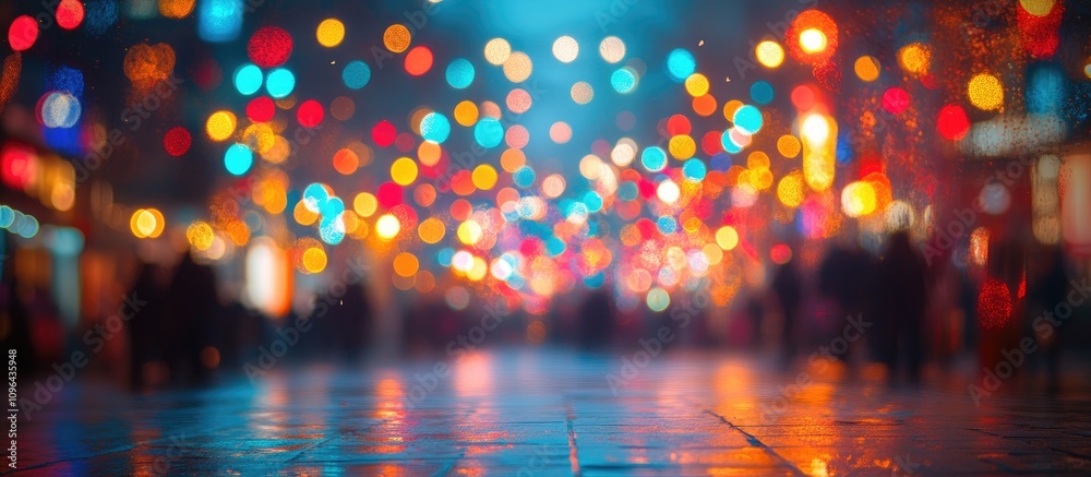 Fototapeta premium Colorful bokeh lights at a festival creating a dreamy and festive atmosphere with reflections on a wet pavement at night