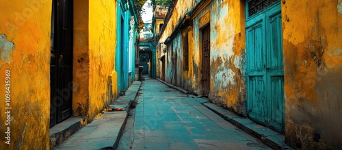 Charming narrow alleyway with vibrant yellow and turquoise walls showcasing historical architecture and atmospheric urban exploration