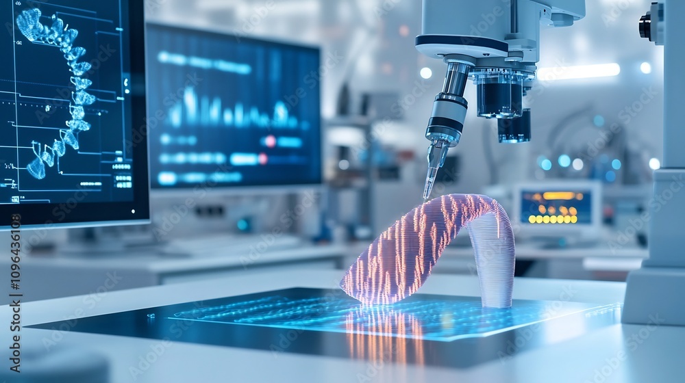 Finalizing an ultra detailed 3D printed object in a cutting edge laboratory with advanced machinery and digital displays Finalizing an ultra detailed 3D printed object in a cutting edge laboratory with advanced machinery and digital displays