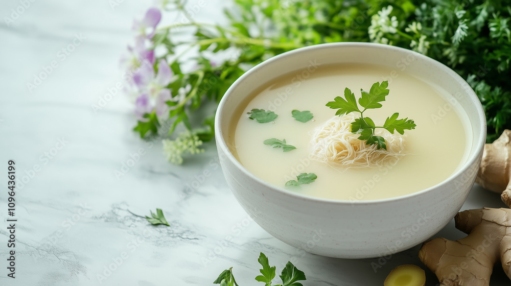 Close-up of bird’s nest soup showing delicate texture and clear, light broth, inviting and exotic, soft lighting Close-up of bird’s nest soup showing delicate texture and clear, light broth, inviting and exotic, soft lighting