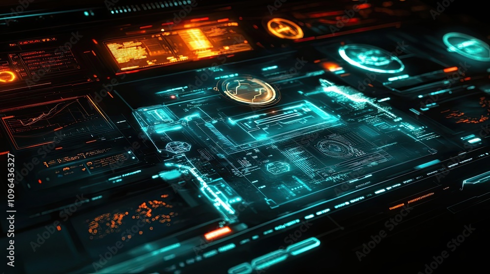Fototapeta premium Futuristic Interface with Glowing Blue and Orange Displays