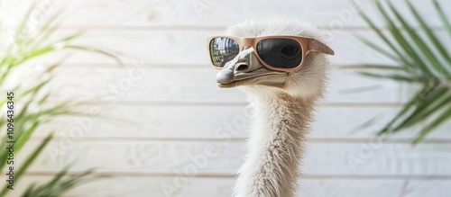 Ostrich wearing sunglasses against wooden background with tropical leaves creating a fun and vibrant travel-themed atmosphere photo