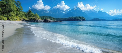 Scenic view of a tranquil west coast beach with mountains in the background and clear blue waters under a bright sky photo