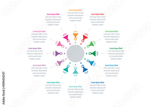 infographic template for magazine, annual report. infographic template for business, education, science world. infographic template with sound symbol. twelve steps information template