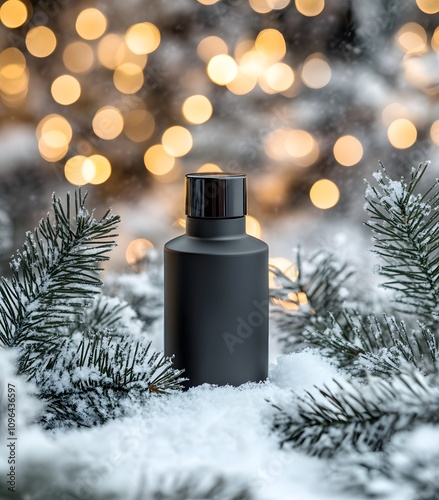 A black bottle of men's perfume stands on snow, with pine branches and white bokeh lights in the background.