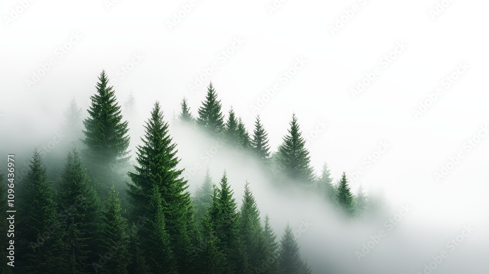 a foggy forest with tall pine trees in the foreground, shrouded in a thick layer of fog The trees are a deep green color, and the fog creates a mysterious and ethe a foggy forest with tall pine trees in the foreground, shrouded in a thick layer of fog The trees are a deep green color, and the fog creates a mysterious and ethe
