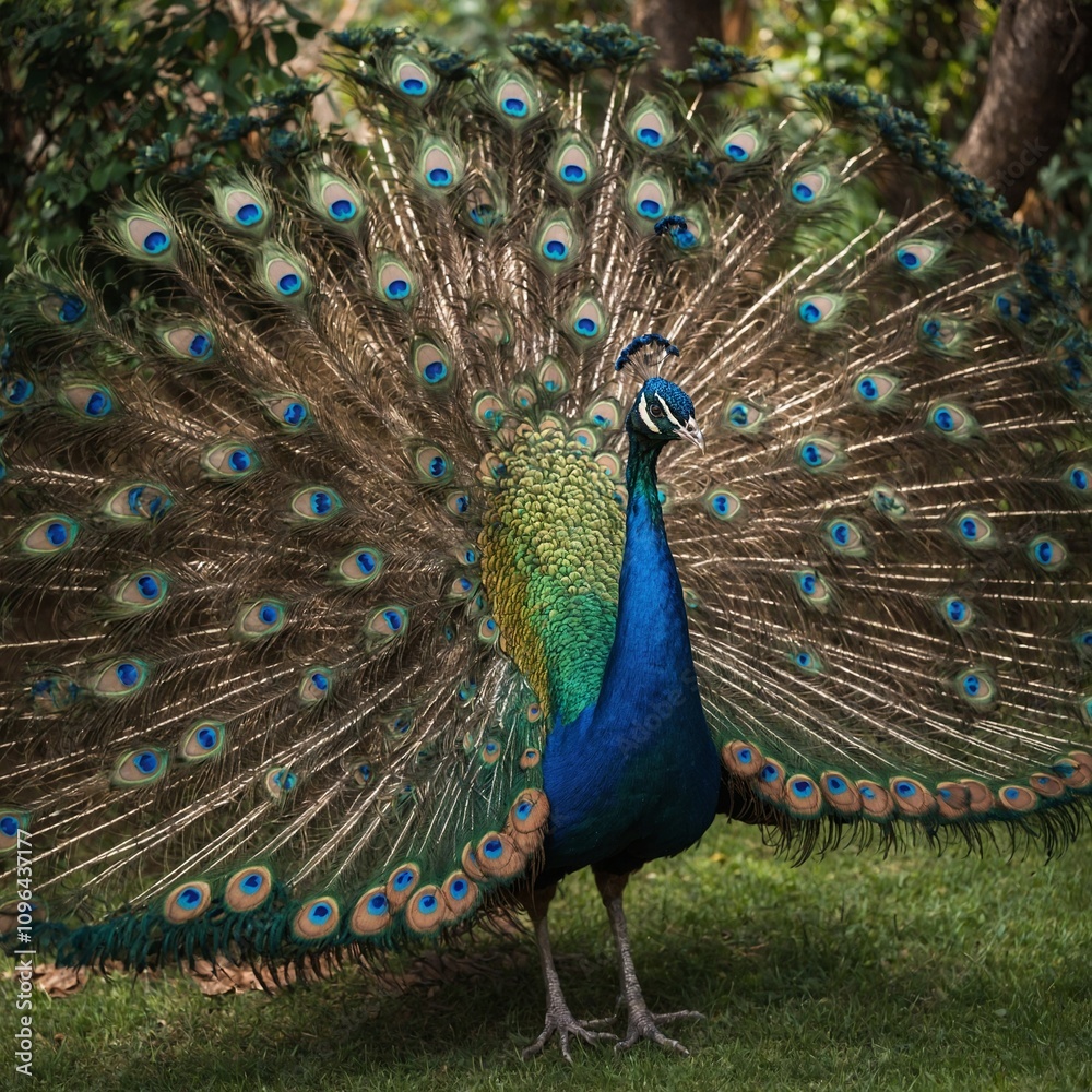 Naklejka premium A vibrant peacock with its tail feathers fully fanned out in an exotic garden.