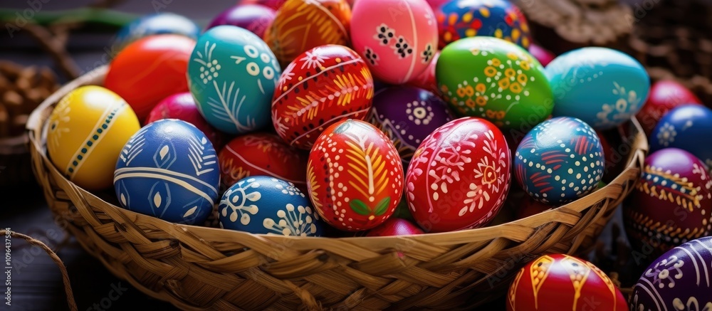 Fototapeta premium Colorful hand-painted Easter eggs in a decorative basket showcasing vibrant designs and patterns for festive holiday celebrations