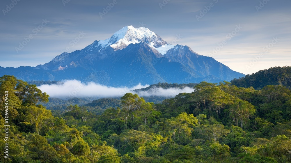 a majestic mountain with snow-capped peaks in the middle of a lush green forest The sky is a brilliant blue, and the trees are a vibrant green, creating a stunning a majestic mountain with snow-capped peaks in the middle of a lush green forest The sky is a brilliant blue, and the trees are a vibrant green, creating a stunning