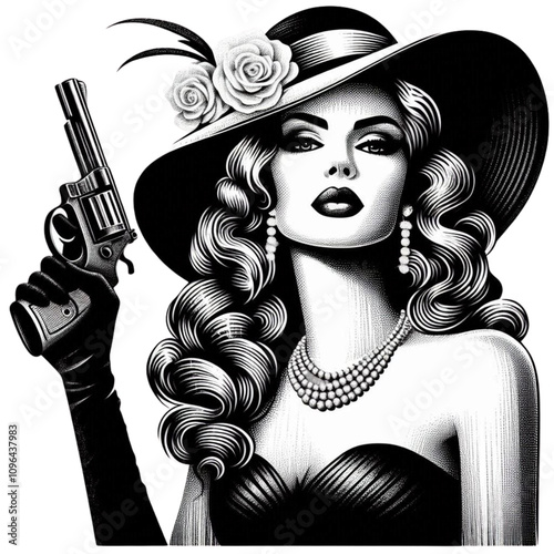 A glamorous woman dressed elegantly, holding a revolver, exuding vintage charm with a femme fatale theme. She was created in a scratchboard style, resembling a black-and-white sketch engraving,